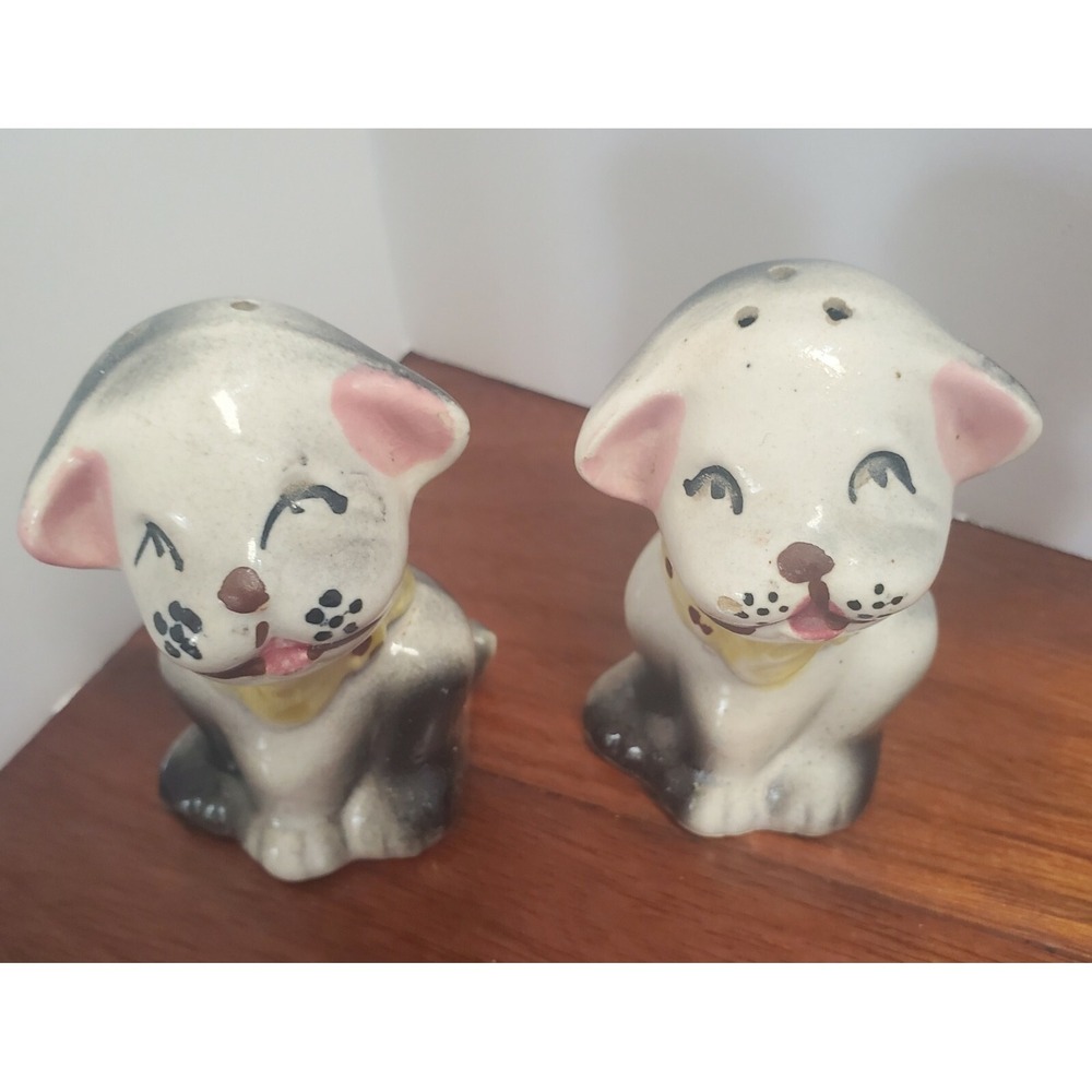 Vintage‎ Ceramic Dog Salt and Pepper Shakers Grey White Puppy Set Mid Century